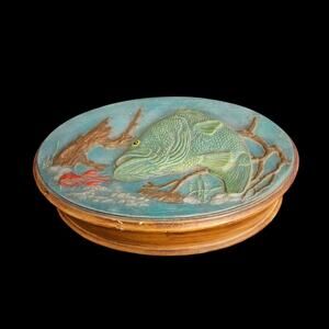 Vintage Bass Fish Ceramic Trinket Box Lid Rustic Fishing Decor
